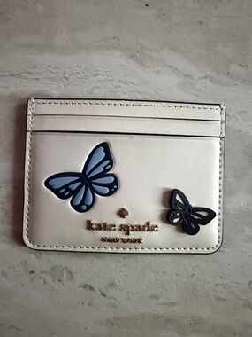 kate spade White Card Holder with Blue Butterfly Accents